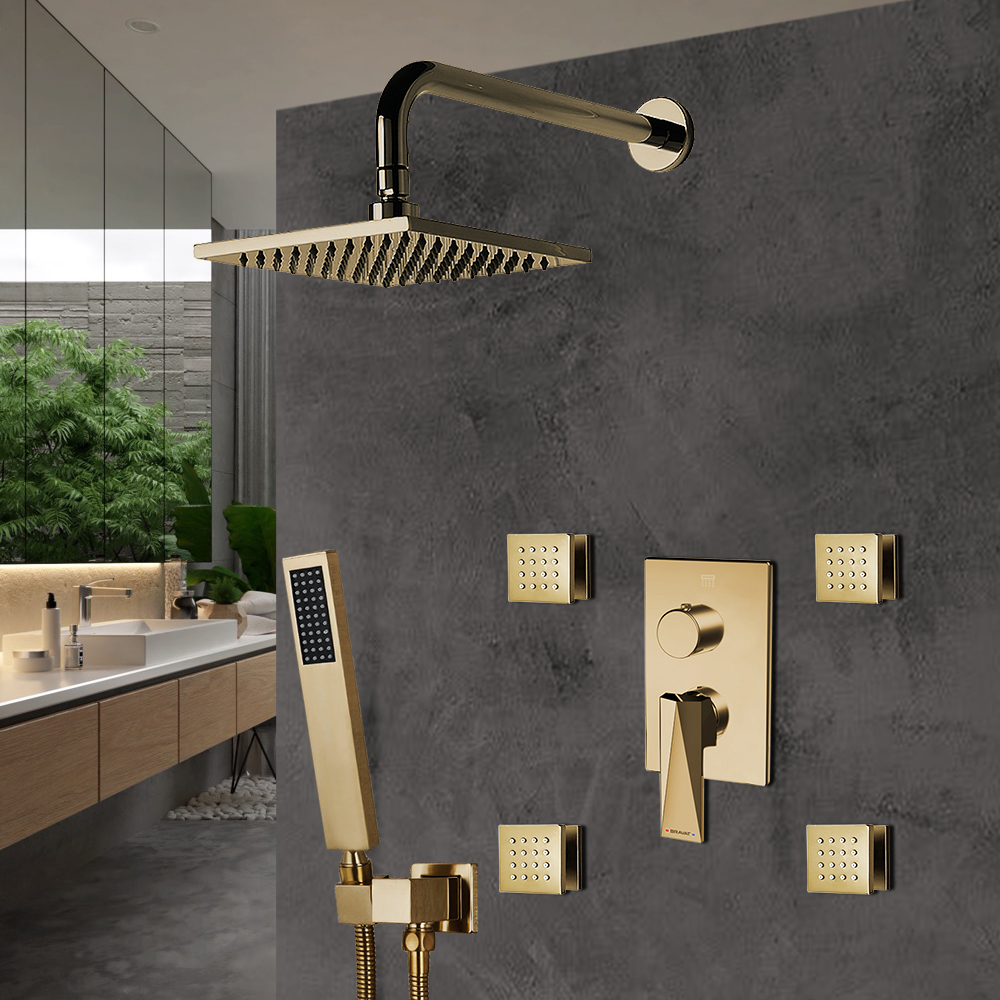 Bravat Brushed Gold Wall Mounted Square Shower Set With Valve Mixer 3-Way Concealed